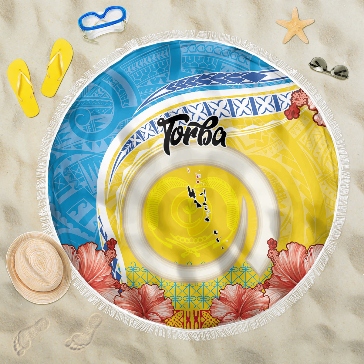Torba Vanuatu Beach Blanket Hibiscus Sand Drawing with Pacific Pattern