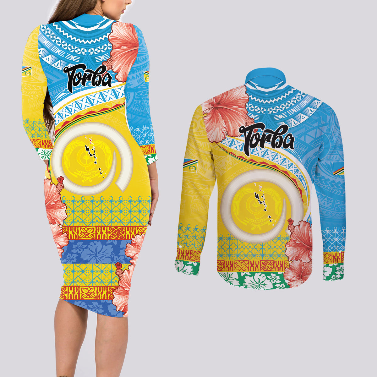 Torba Vanuatu Couples Matching Long Sleeve Bodycon Dress and Long Sleeve Button Shirt Hibiscus Sand Drawing with Pacific Pattern