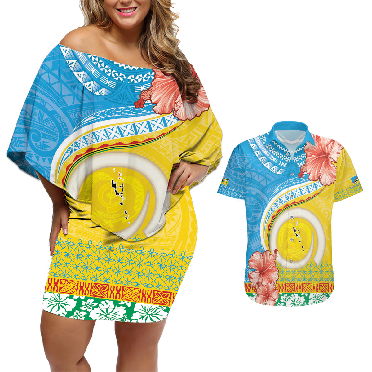 Torba Vanuatu Couples Matching Off Shoulder Short Dress and Hawaiian Shirt Hibiscus Sand Drawing with Pacific Pattern