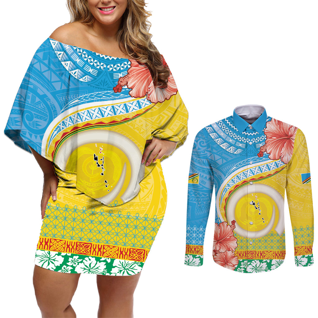 Torba Vanuatu Couples Matching Off Shoulder Short Dress and Long Sleeve Button Shirt Hibiscus Sand Drawing with Pacific Pattern