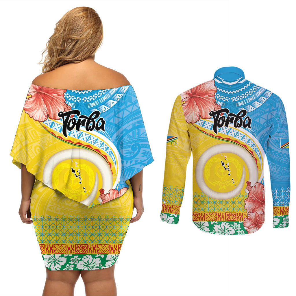 Torba Vanuatu Couples Matching Off Shoulder Short Dress and Long Sleeve Button Shirt Hibiscus Sand Drawing with Pacific Pattern
