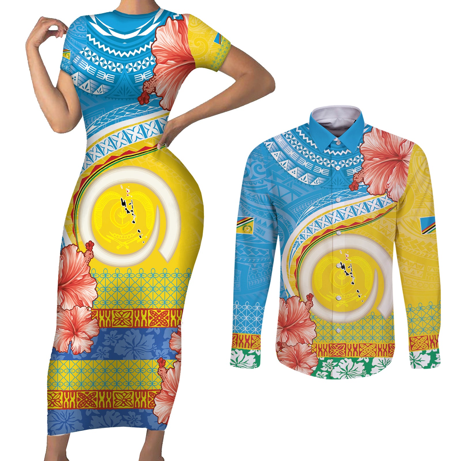 Torba Vanuatu Couples Matching Short Sleeve Bodycon Dress and Long Sleeve Button Shirt Hibiscus Sand Drawing with Pacific Pattern