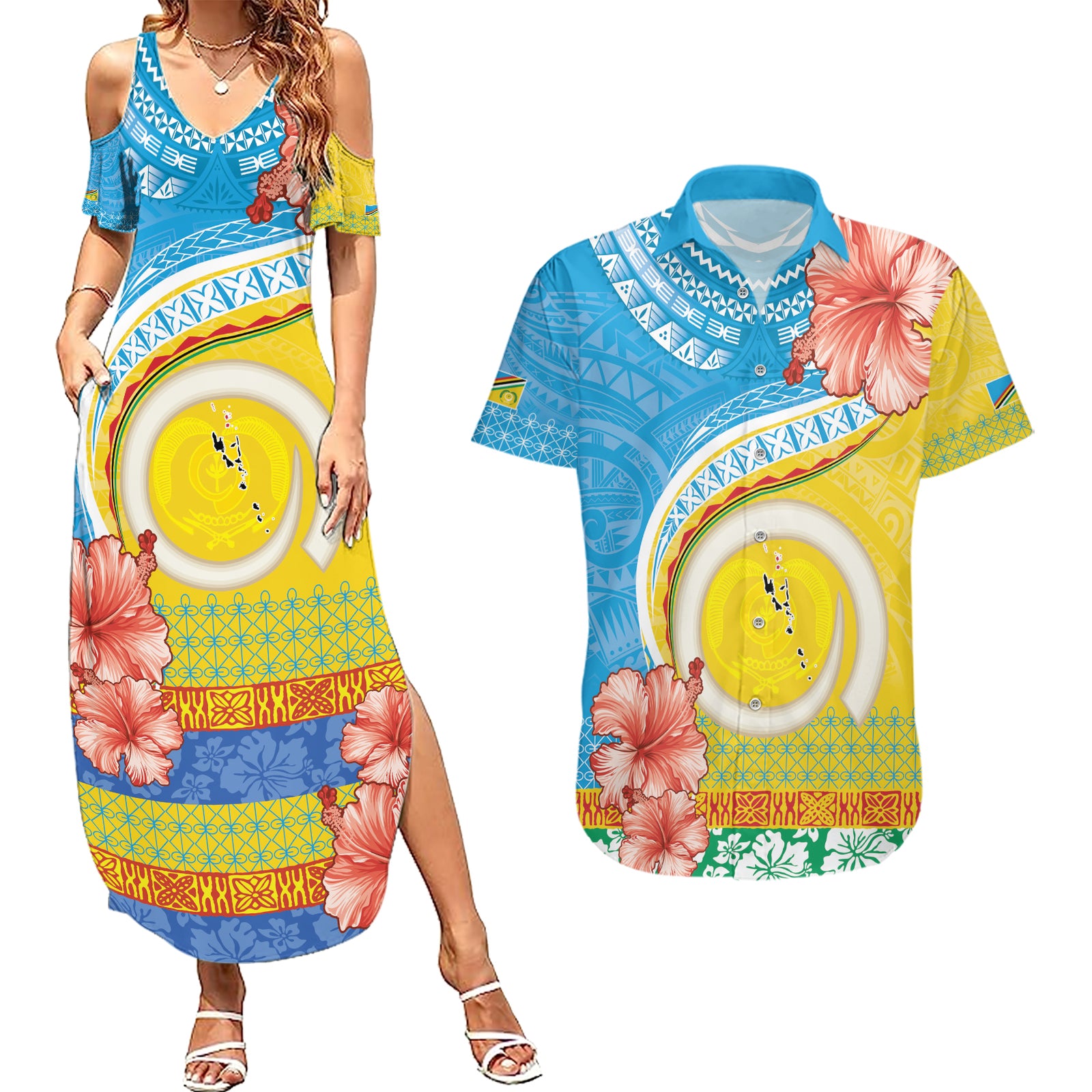 Torba Vanuatu Couples Matching Summer Maxi Dress and Hawaiian Shirt Hibiscus Sand Drawing with Pacific Pattern
