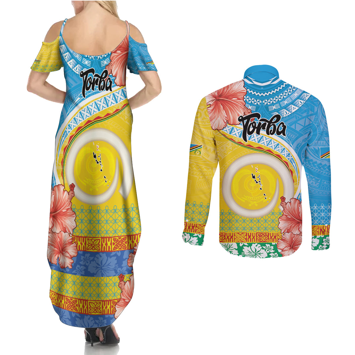 Torba Vanuatu Couples Matching Summer Maxi Dress and Long Sleeve Button Shirt Hibiscus Sand Drawing with Pacific Pattern