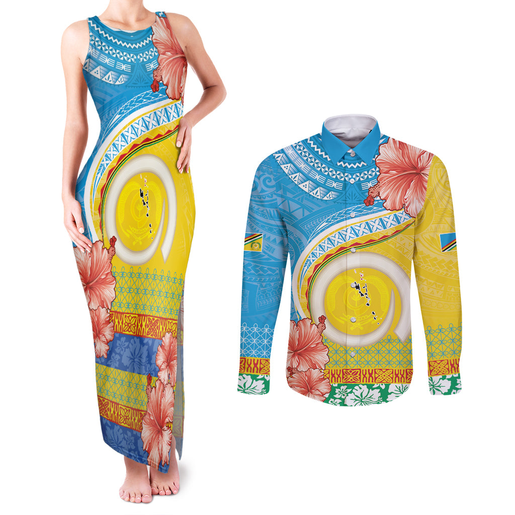 Torba Vanuatu Couples Matching Tank Maxi Dress and Long Sleeve Button Shirt Hibiscus Sand Drawing with Pacific Pattern