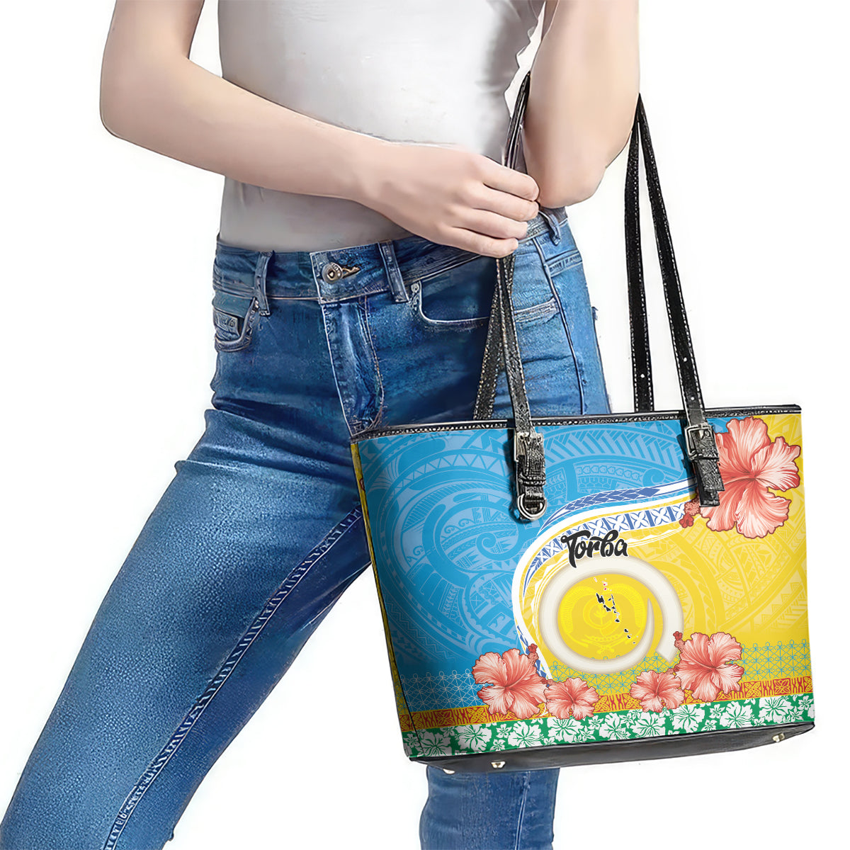 Torba Vanuatu Leather Tote Bag Hibiscus Sand Drawing with Pacific Pattern