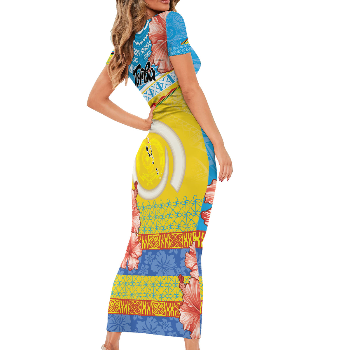 Torba Vanuatu Short Sleeve Bodycon Dress Hibiscus Sand Drawing with Pacific Pattern LT9 - Polynesian Pride