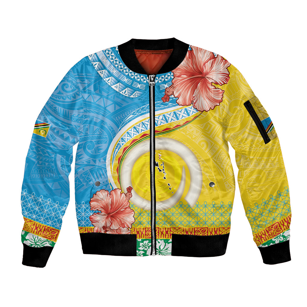 Torba Vanuatu Sleeve Zip Bomber Jacket Hibiscus Sand Drawing with Pacific Pattern