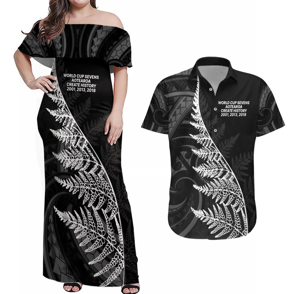 New Zealand Black Fern 7s Couples Matching Off Shoulder Maxi Dress and Hawaiian Shirt History World Cup Sevens LT9 Black - Polynesian Pride