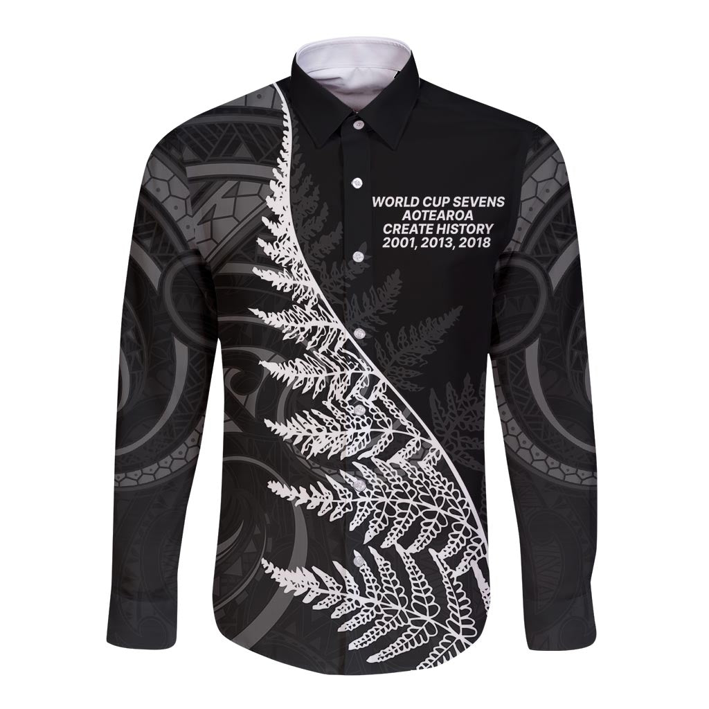 New Zealand Black Fern 7s Long Sleeve Button Shirt History World Cup Sevens LT9 Unisex Black - Polynesian Pride