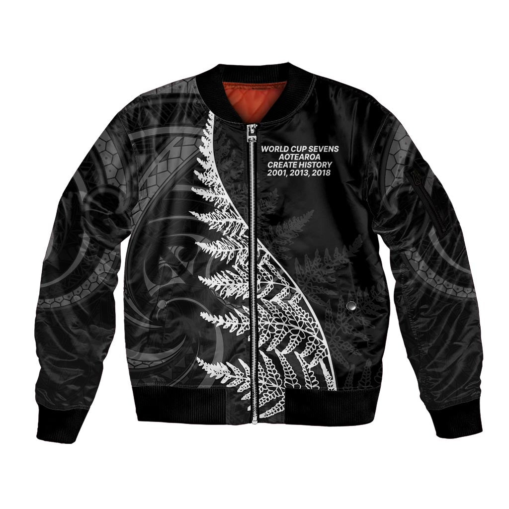 New Zealand Black Fern 7s Sleeve Zip Bomber Jacket History World Cup Sevens LT9 Unisex Black - Polynesian Pride