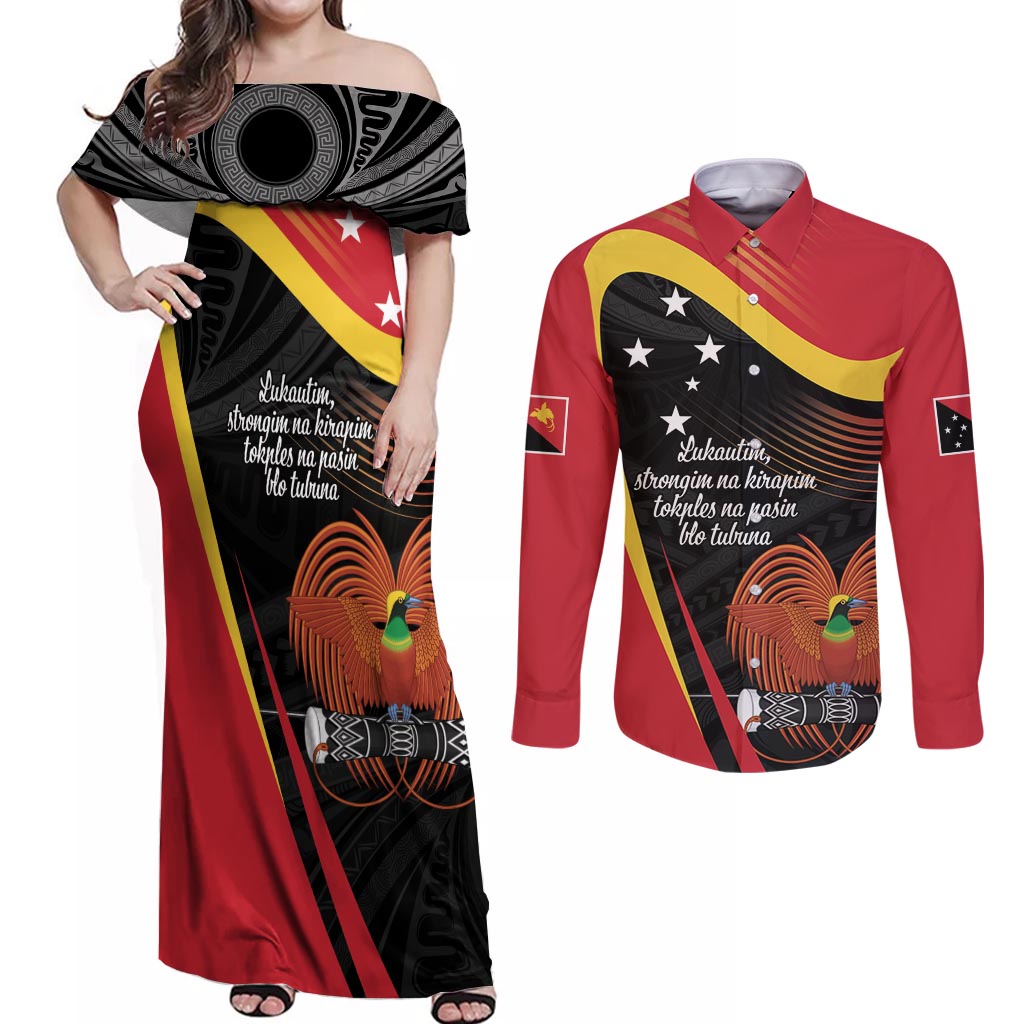 Personalised Papua Niugini Tok Pisin Wik Couples Matching Off Shoulder Maxi Dress and Long Sleeve Button Shirt LT9 Red - Polynesian Pride
