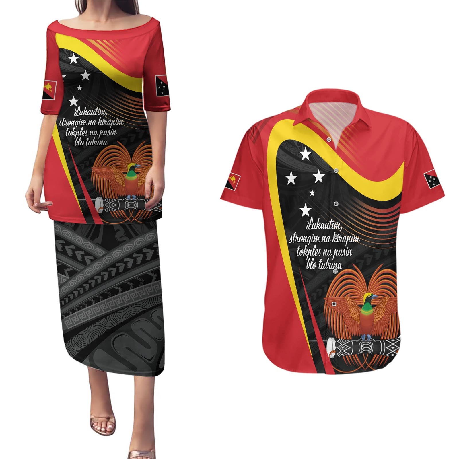 Personalised Papua Niugini Tok Pisin Wik Couples Matching Puletasi and Hawaiian Shirt LT9 Red - Polynesian Pride