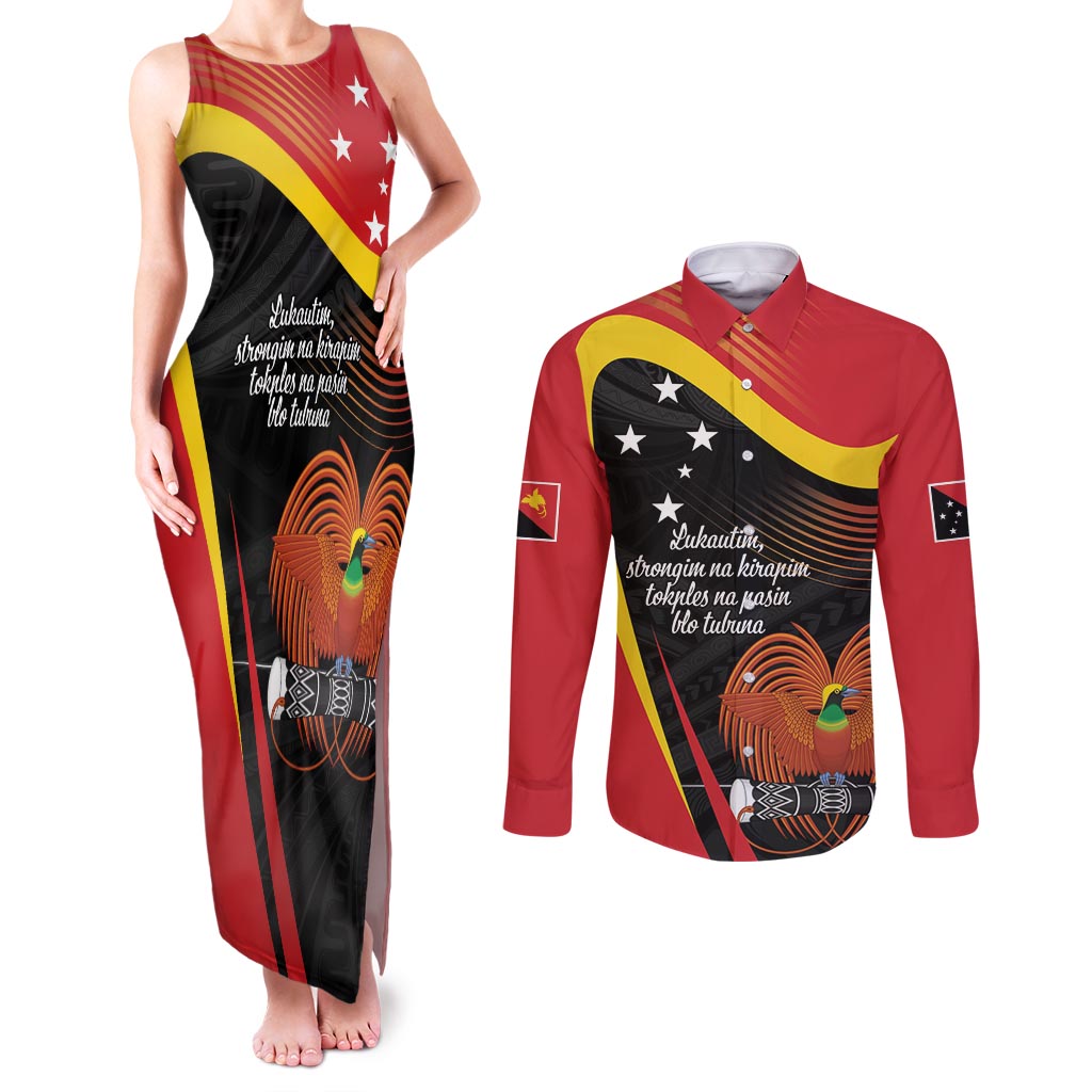 Personalised Papua Niugini Tok Pisin Wik Couples Matching Tank Maxi Dress and Long Sleeve Button Shirt LT9 Red - Polynesian Pride