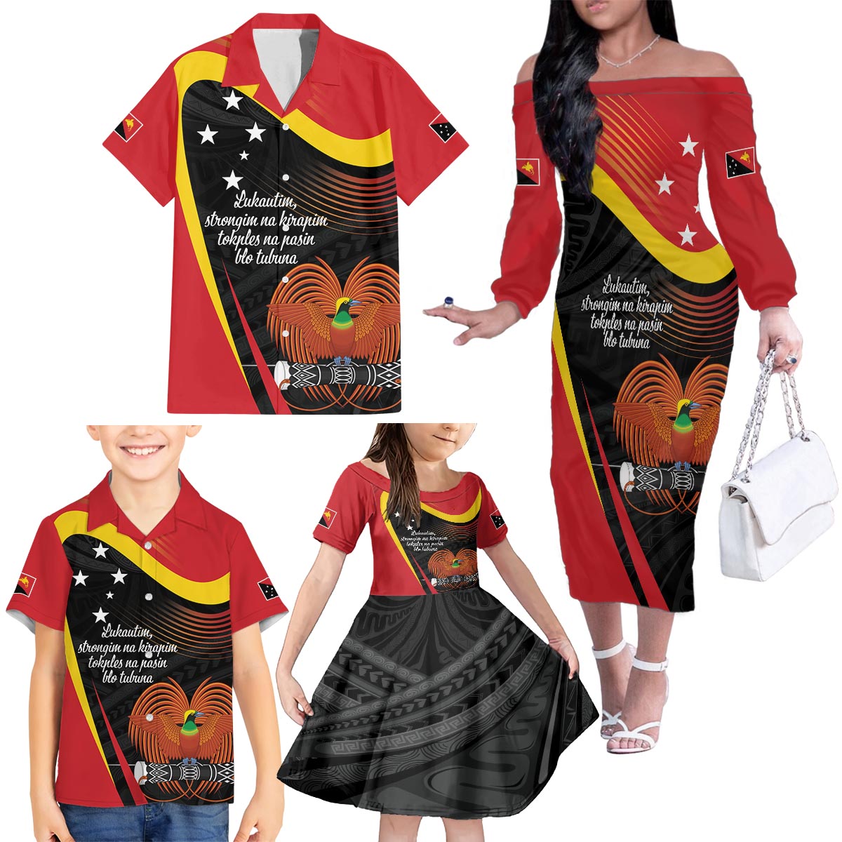 Personalised Papua Niugini Tok Pisin Wik Family Matching Off The Shoulder Long Sleeve Dress and Hawaiian Shirt LT9 - Polynesian Pride