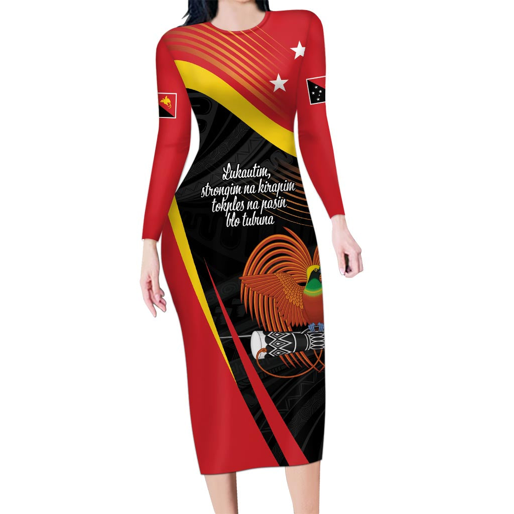 Personalised Papua Niugini Tok Pisin Wik Long Sleeve Bodycon Dress LT9 Long Dress Red - Polynesian Pride