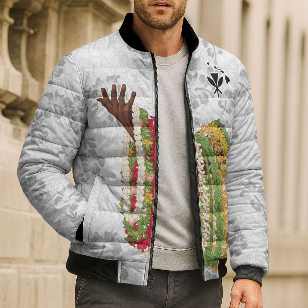Hawaii Lei Kamehameha Bomber Puffer Jacket Ke'oke'o Seamless Pattern Hibiscus Flower