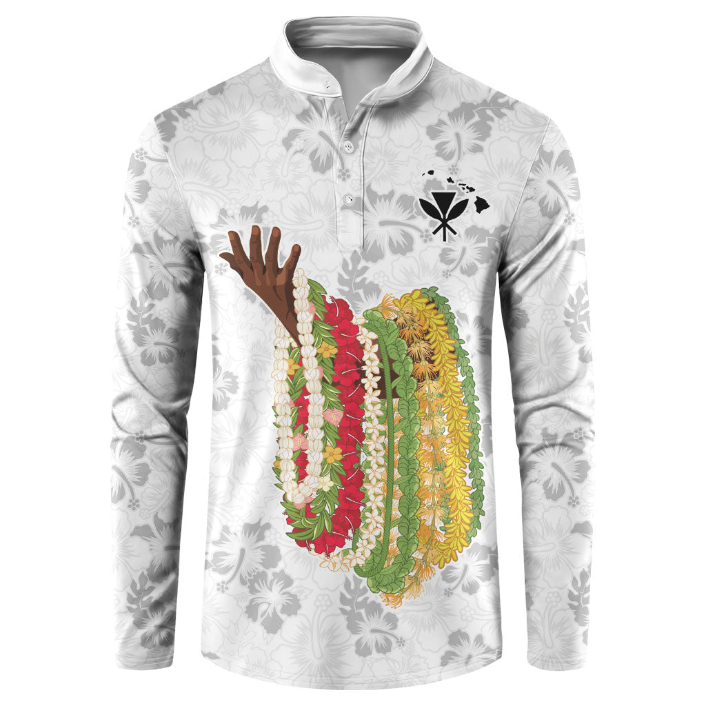 Hawaii Lei Kamehameha Button Sweatshirt Ke'oke'o Seamless Pattern Hibiscus Flower LT9 White - Polynesian Pride