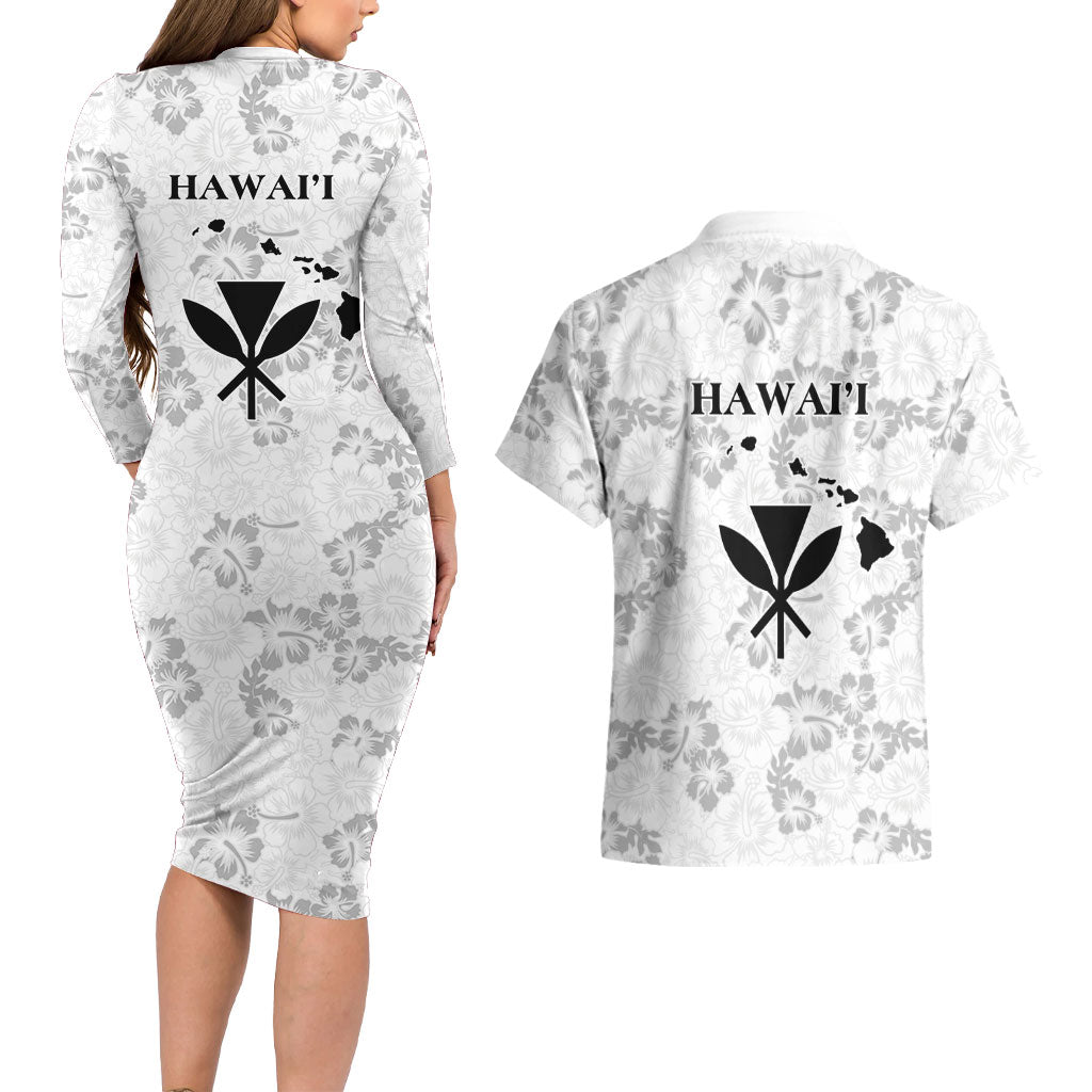 Hawaii Lei Kamehameha Couples Matching Long Sleeve Bodycon Dress and Hawaiian Shirt Ke'oke'o Seamless Pattern Hibiscus Flower