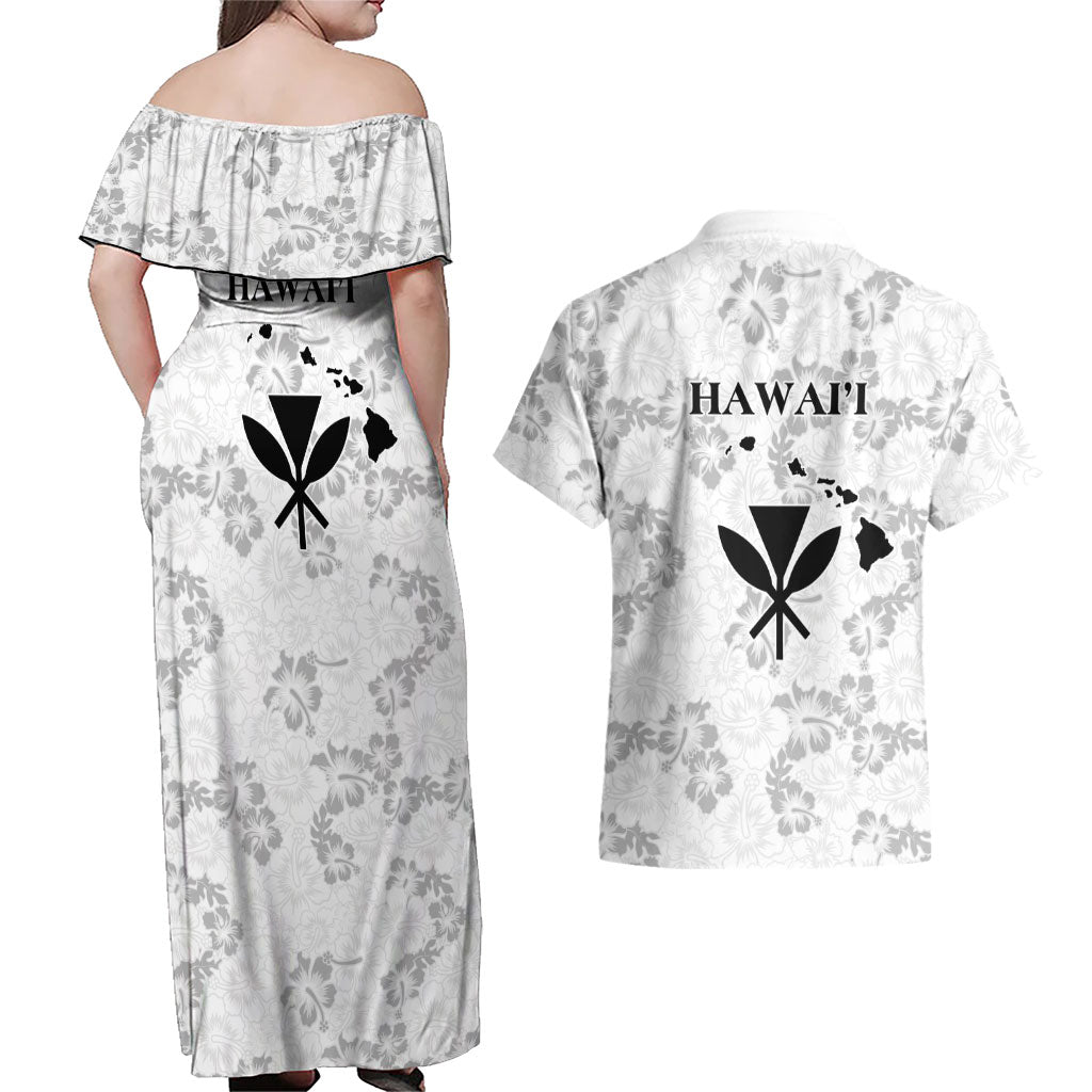Hawaii Lei Kamehameha Couples Matching Off Shoulder Maxi Dress and Hawaiian Shirt Ke'oke'o Seamless Pattern Hibiscus Flower