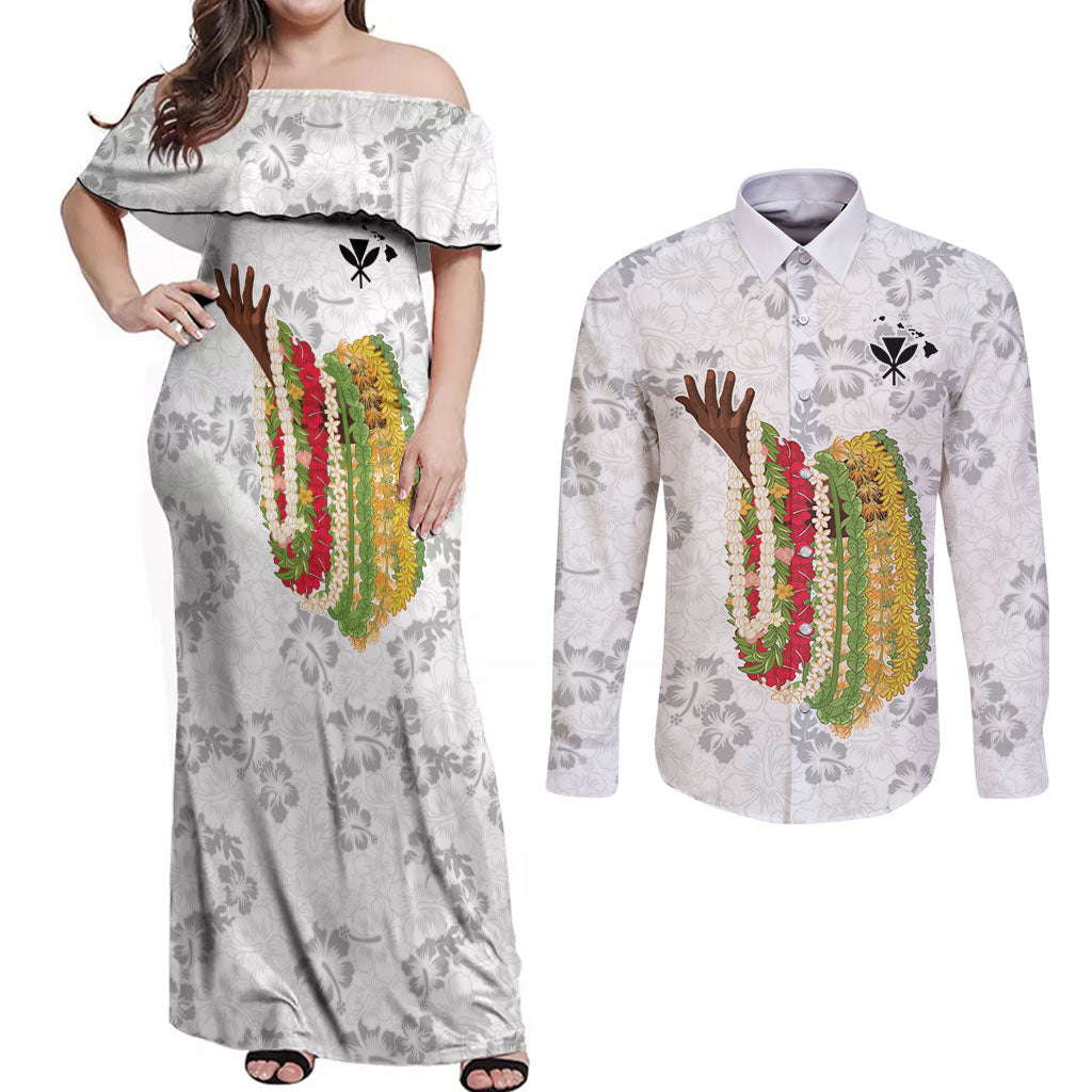 Hawaii Lei Kamehameha Couples Matching Off Shoulder Maxi Dress and Long Sleeve Button Shirt Ke'oke'o Seamless Pattern Hibiscus Flower