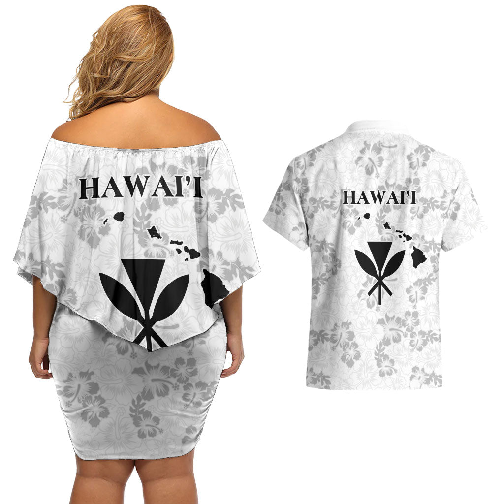 Hawaii Lei Kamehameha Couples Matching Off Shoulder Short Dress and Hawaiian Shirt Ke'oke'o Seamless Pattern Hibiscus Flower