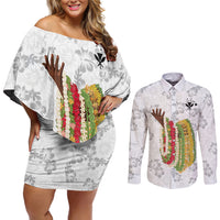 Hawaii Lei Kamehameha Couples Matching Off Shoulder Short Dress and Long Sleeve Button Shirt Ke'oke'o Seamless Pattern Hibiscus Flower