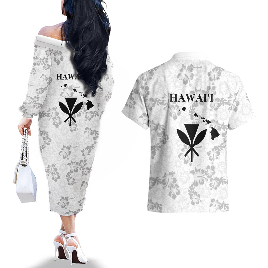 Hawaii Lei Kamehameha Couples Matching Off The Shoulder Long Sleeve Dress and Hawaiian Shirt Ke'oke'o Seamless Pattern Hibiscus Flower