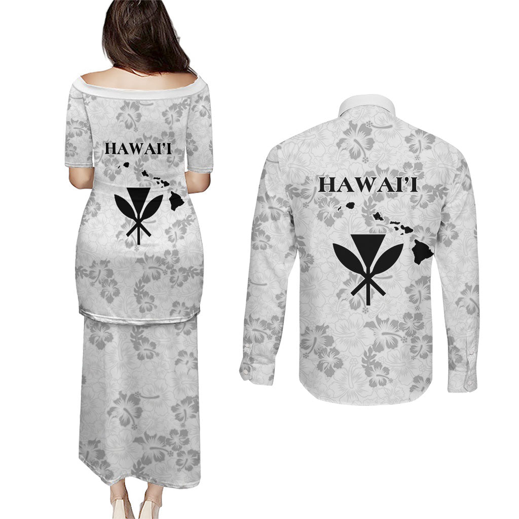 Hawaii Lei Kamehameha Couples Matching Puletasi and Long Sleeve Button Shirt Ke'oke'o Seamless Pattern Hibiscus Flower