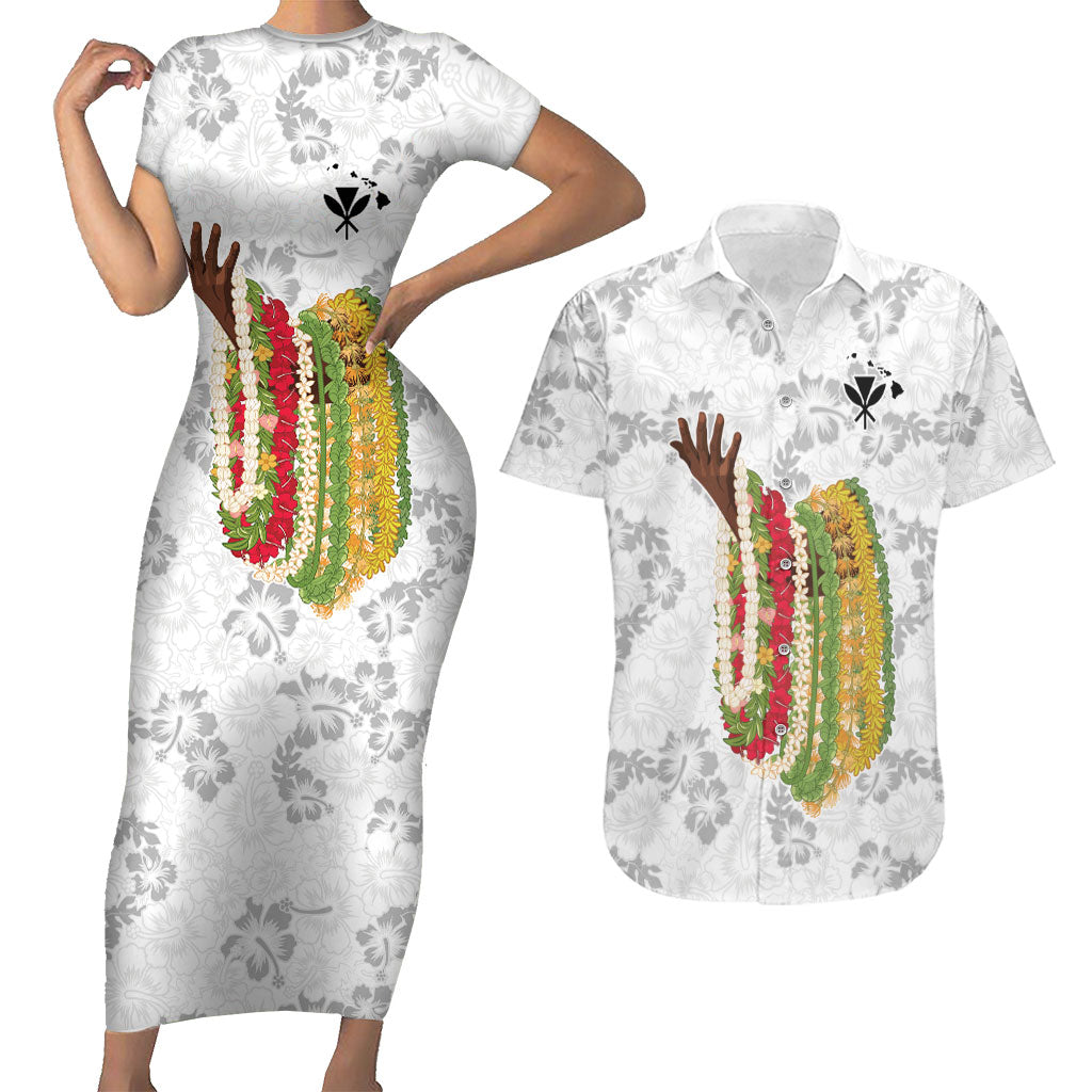 Hawaii Lei Kamehameha Couples Matching Short Sleeve Bodycon Dress and Hawaiian Shirt Ke'oke'o Seamless Pattern Hibiscus Flower