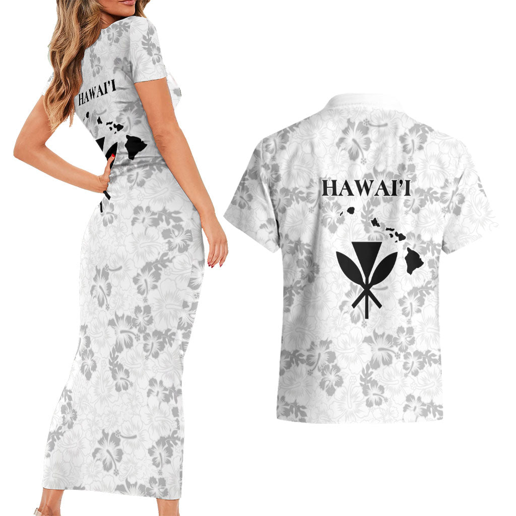 Hawaii Lei Kamehameha Couples Matching Short Sleeve Bodycon Dress and Hawaiian Shirt Ke'oke'o Seamless Pattern Hibiscus Flower