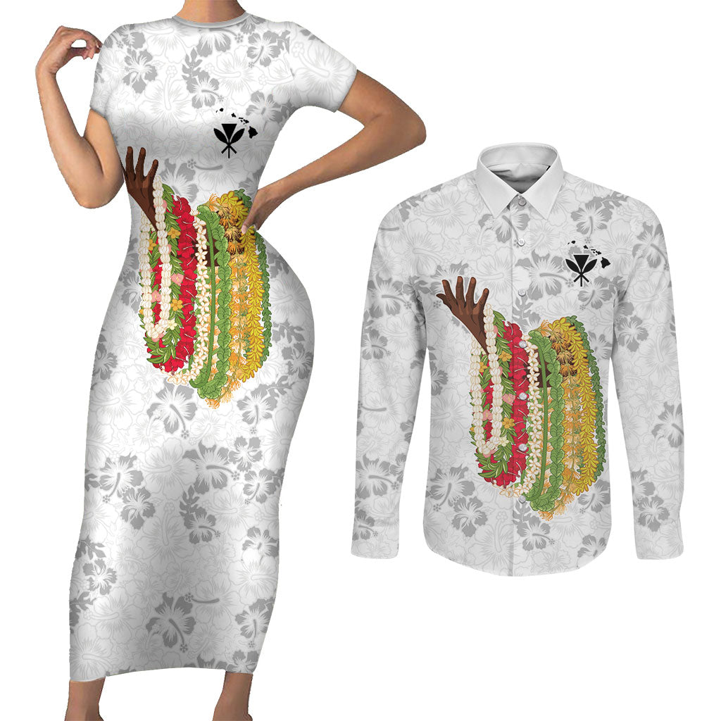 Hawaii Lei Kamehameha Couples Matching Short Sleeve Bodycon Dress and Long Sleeve Button Shirt Ke'oke'o Seamless Pattern Hibiscus Flower