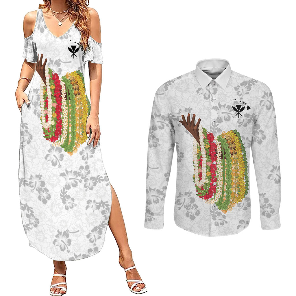 Hawaii Lei Kamehameha Couples Matching Summer Maxi Dress and Long Sleeve Button Shirt Ke'oke'o Seamless Pattern Hibiscus Flower