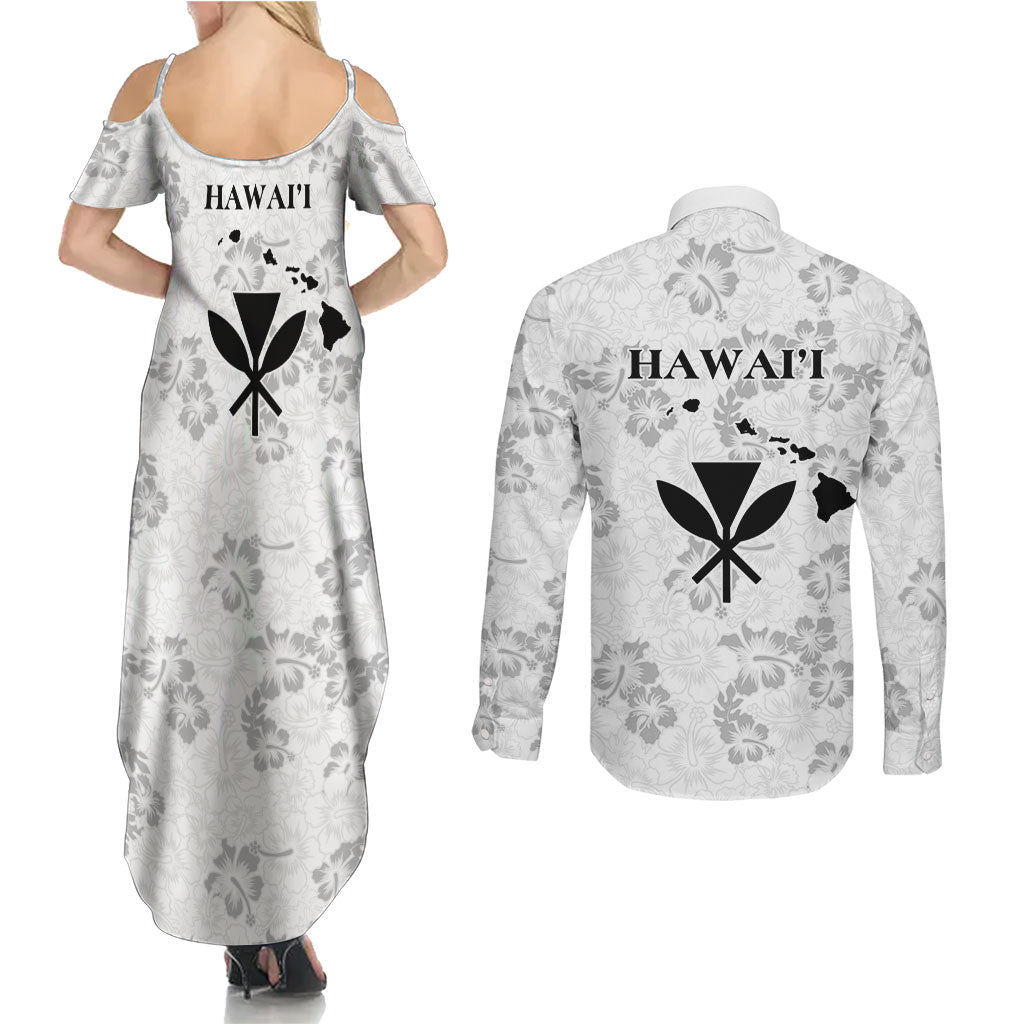 Hawaii Lei Kamehameha Couples Matching Summer Maxi Dress and Long Sleeve Button Shirt Ke'oke'o Seamless Pattern Hibiscus Flower