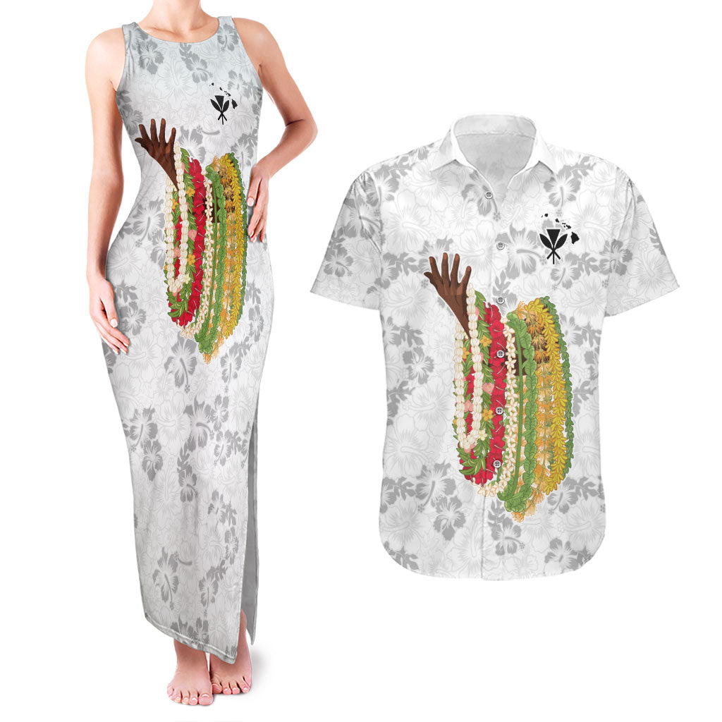 Hawaii Lei Kamehameha Couples Matching Tank Maxi Dress and Hawaiian Shirt Ke'oke'o Seamless Pattern Hibiscus Flower LT9 White - Polynesian Pride