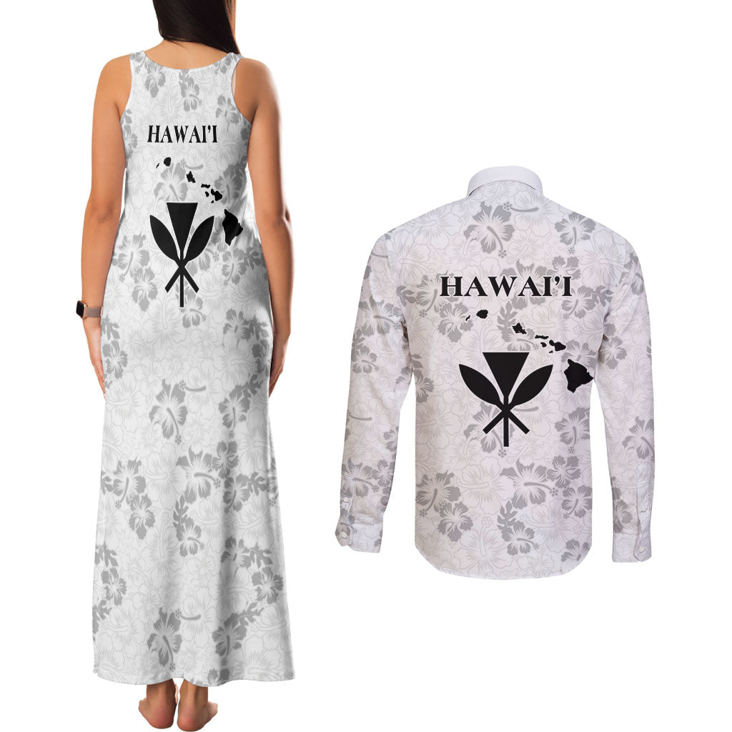 Hawaii Lei Kamehameha Couples Matching Tank Maxi Dress and Long Sleeve Button Shirt Ke'oke'o Seamless Pattern Hibiscus Flower