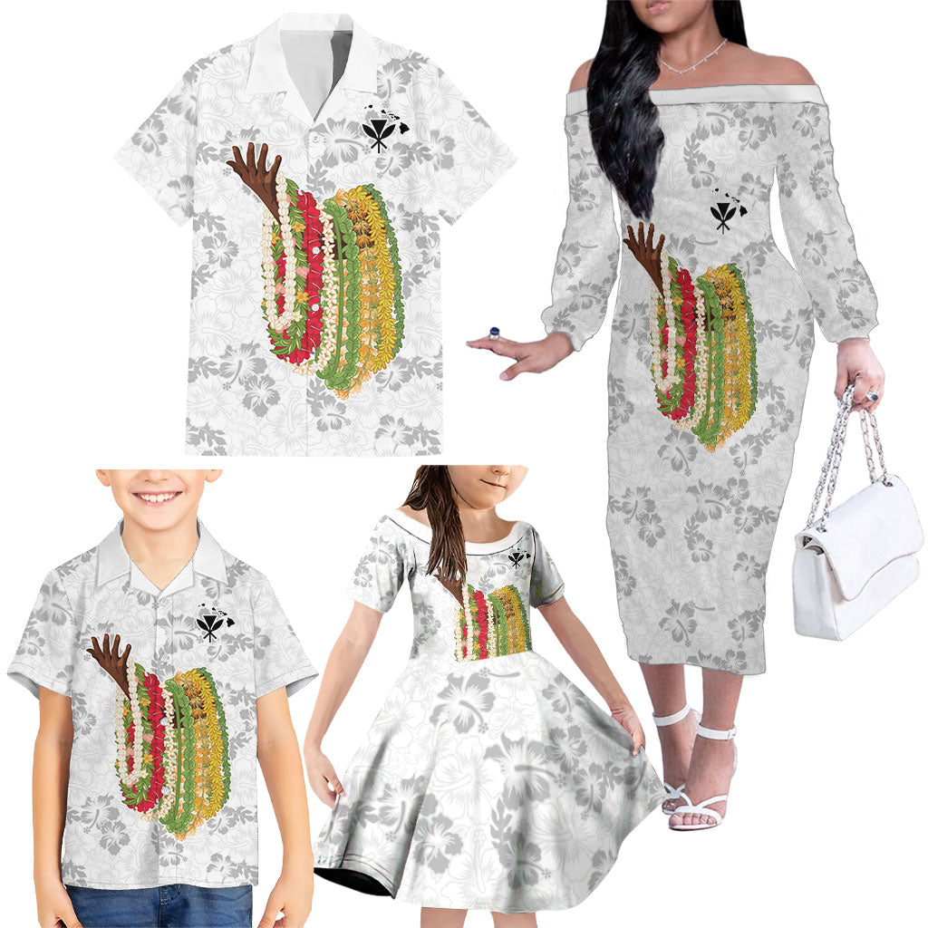 Hawaii Lei Kamehameha Family Matching Off The Shoulder Long Sleeve Dress and Hawaiian Shirt Ke'oke'o Seamless Pattern Hibiscus Flower