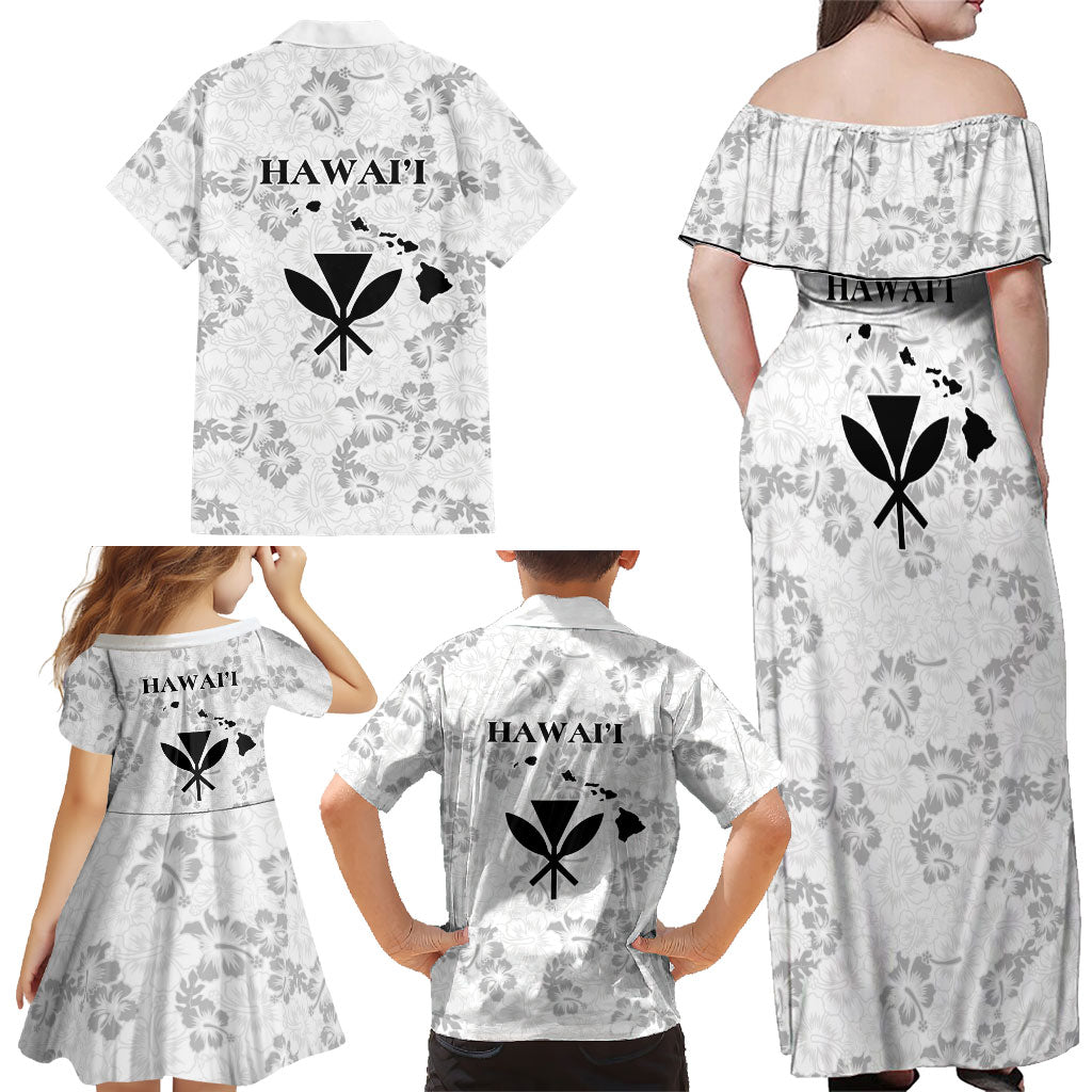 Hawaii Lei Kamehameha Family Matching Off Shoulder Maxi Dress and Hawaiian Shirt Ke'oke'o Seamless Pattern Hibiscus Flower
