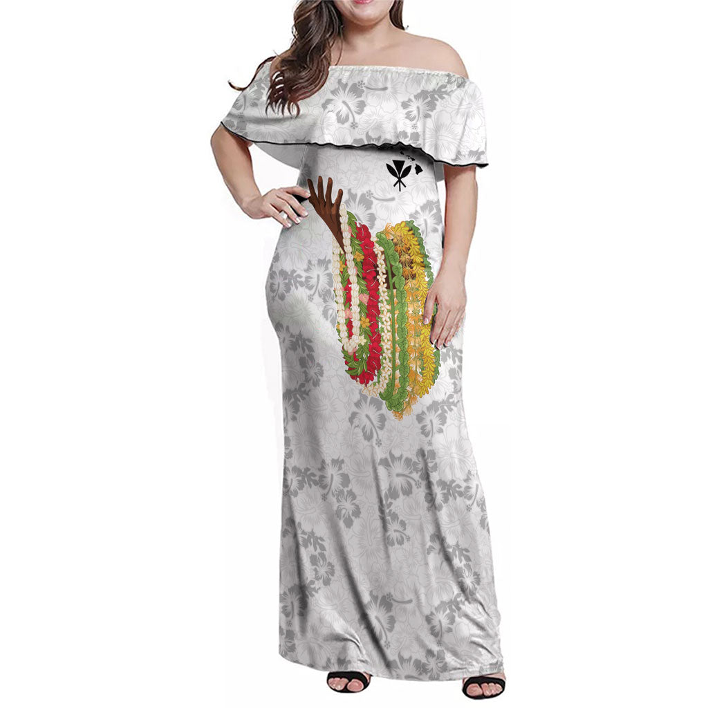Hawaii Lei Kamehameha Family Matching Off Shoulder Maxi Dress and Hawaiian Shirt Ke'oke'o Seamless Pattern Hibiscus Flower