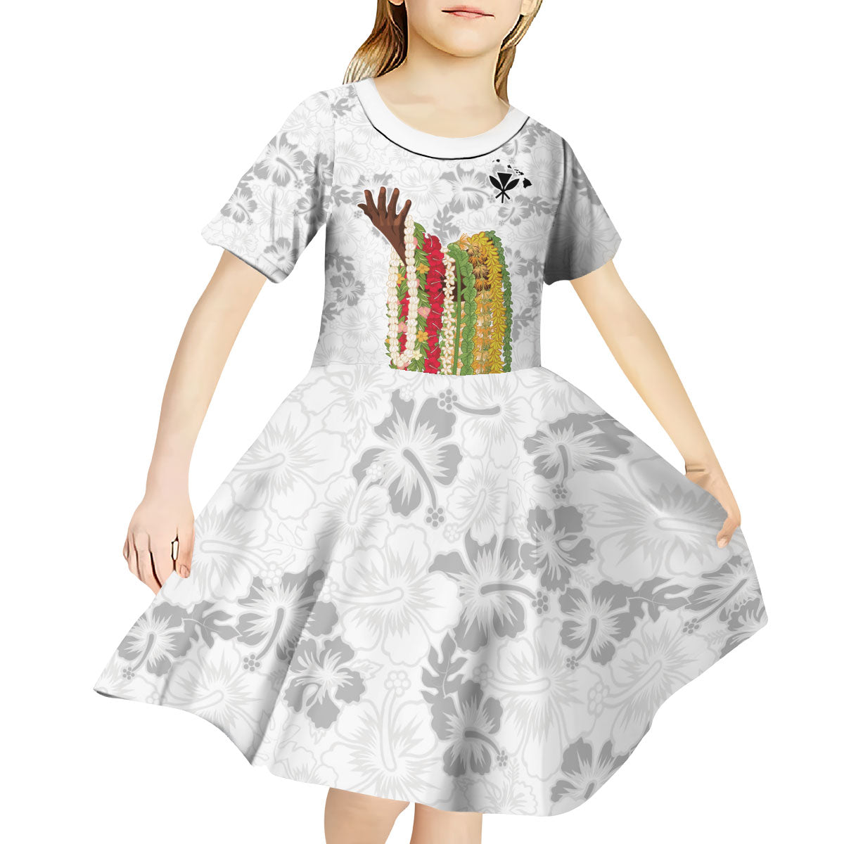 Hawaii Lei Kamehameha Kid Short Sleeve Dress Ke'oke'o Seamless Pattern Hibiscus Flower