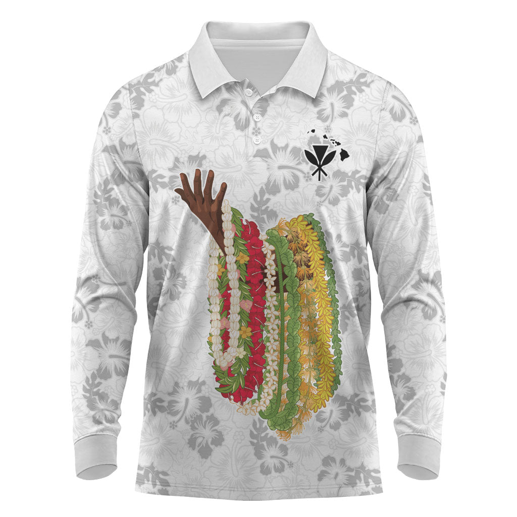 Hawaii Lei Kamehameha Long Sleeve Polo Shirt Ke'oke'o Seamless Pattern Hibiscus Flower LT9 White - Polynesian Pride