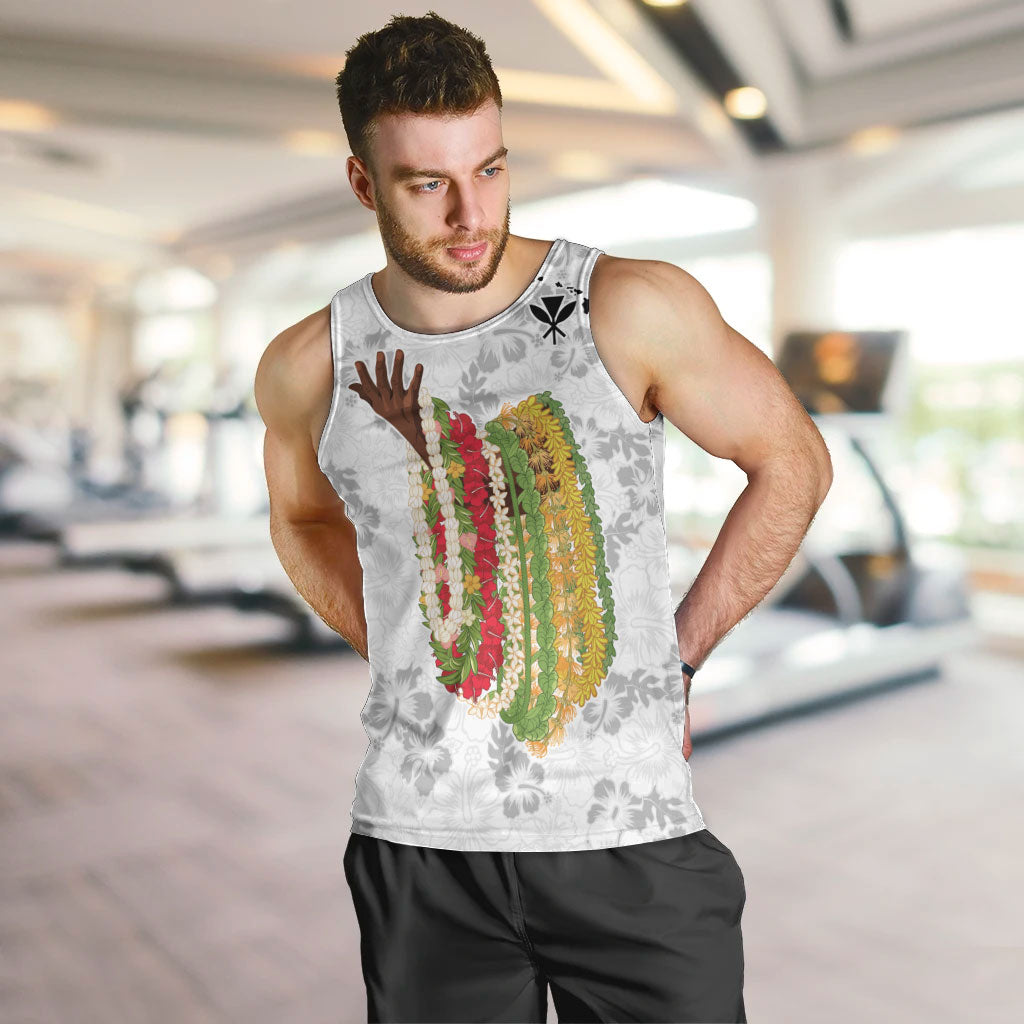 Hawaii Lei Kamehameha Men Tank Top Ke'oke'o Seamless Pattern Hibiscus Flower LT9 White - Polynesian Pride