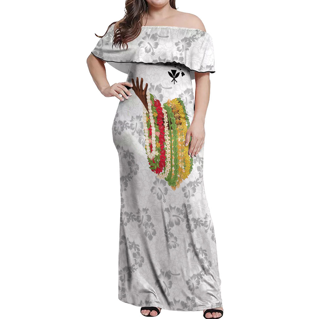 Hawaii Lei Kamehameha Off Shoulder Maxi Dress Ke'oke'o Seamless Pattern Hibiscus Flower