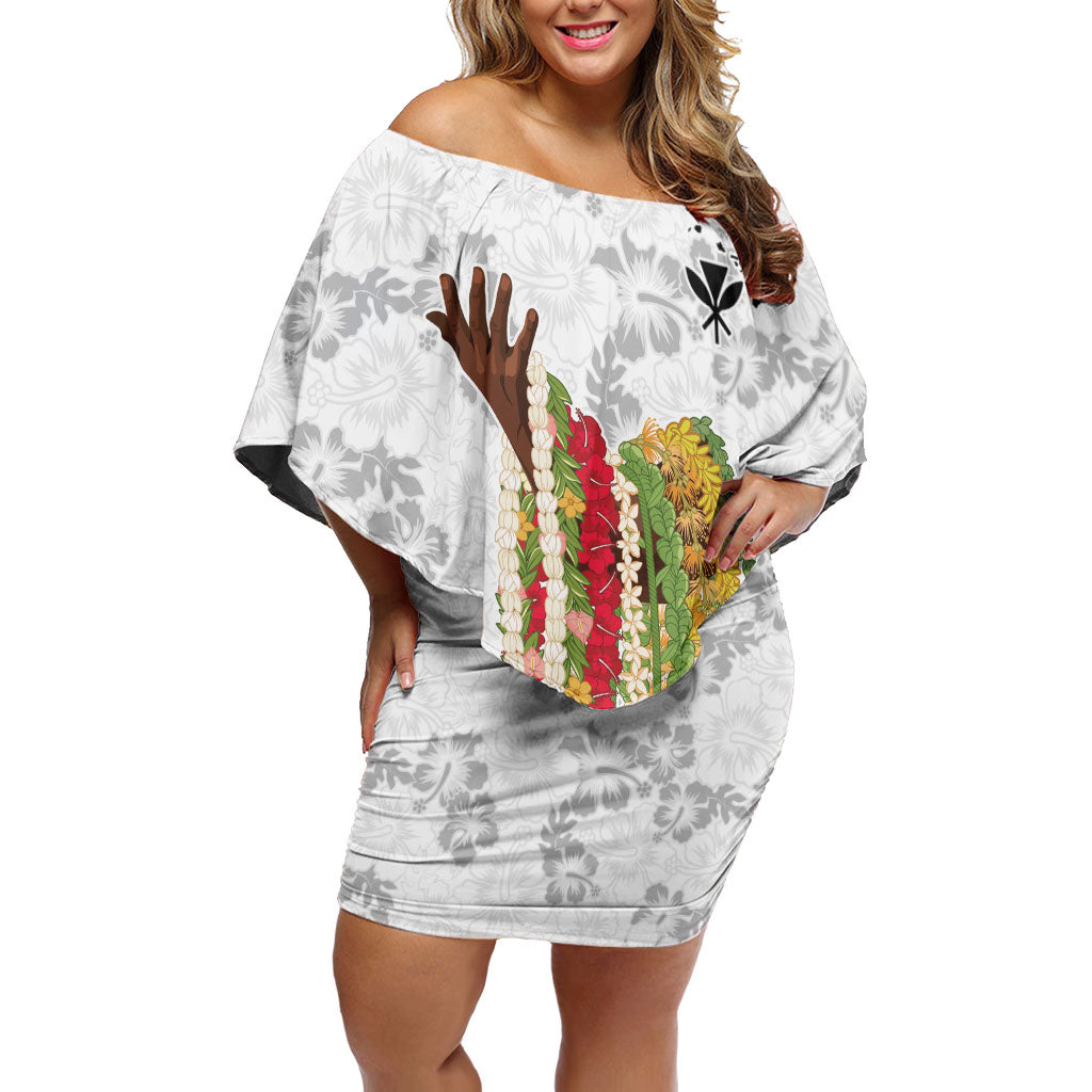 Hawaii Lei Kamehameha Off Shoulder Short Dress Ke'oke'o Seamless Pattern Hibiscus Flower