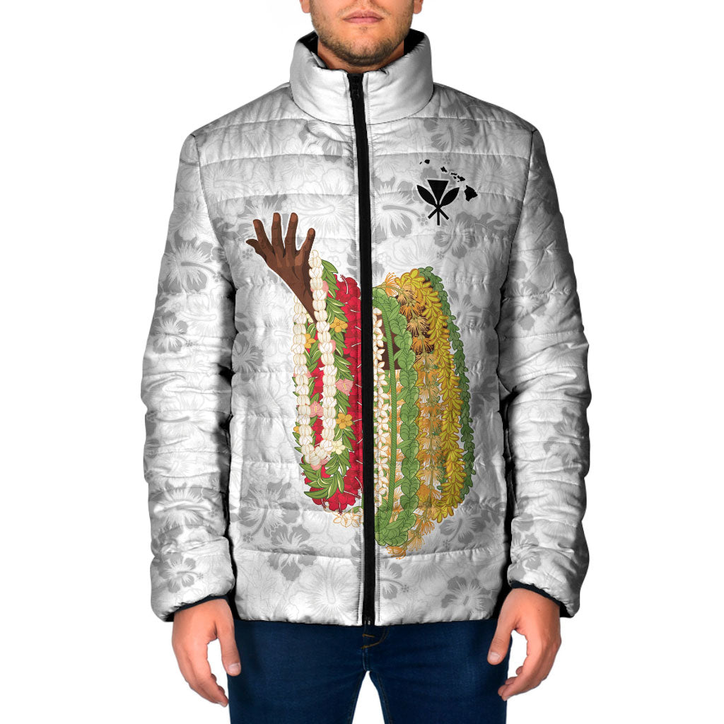 Hawaii Lei Kamehameha Padded Jacket Ke'oke'o Seamless Pattern Hibiscus Flower LT9 Men White - Polynesian Pride