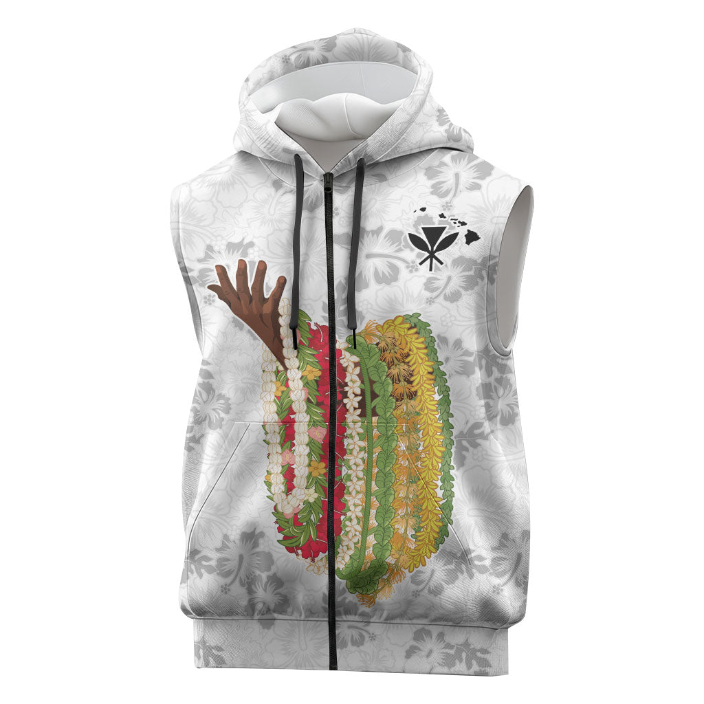 Hawaii Lei Kamehameha Sleeveless Zip Hoodie Ke'oke'o Seamless Pattern Hibiscus Flower LT9 White - Polynesian Pride
