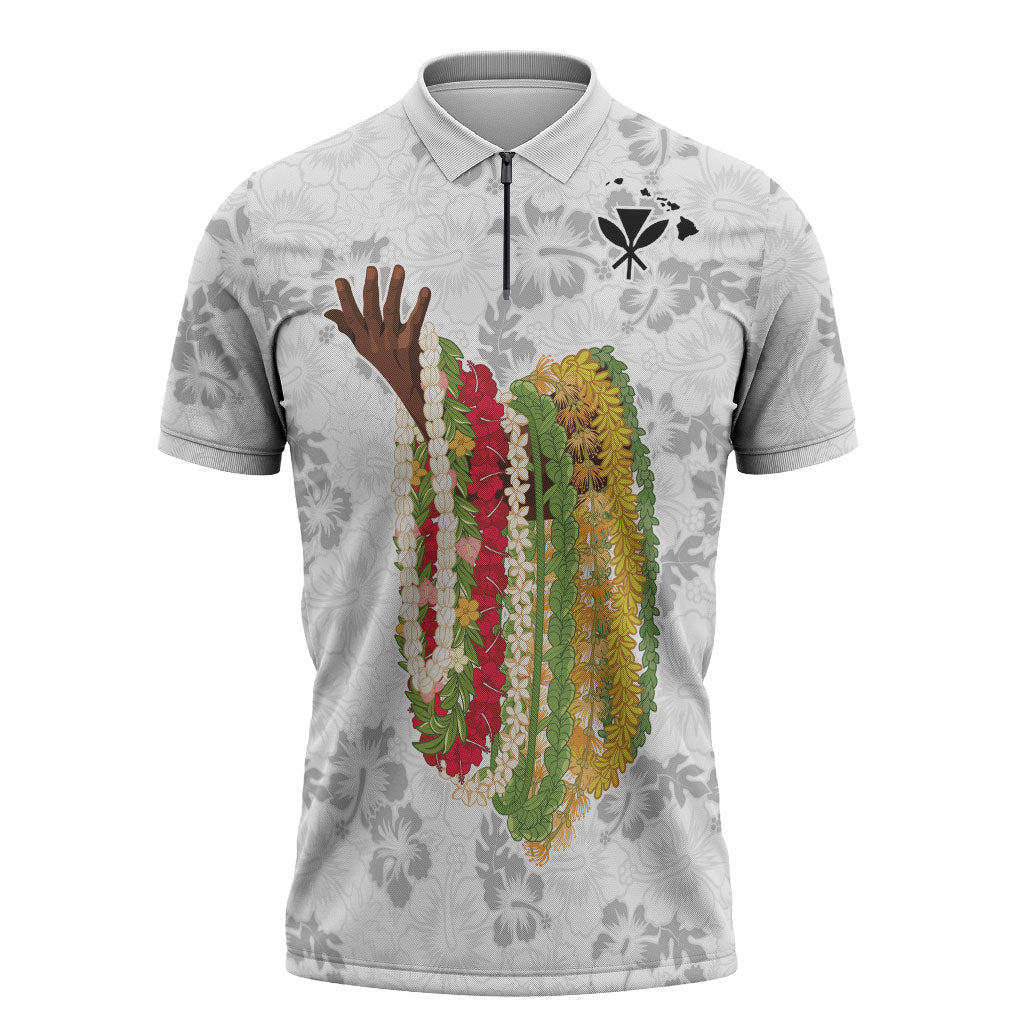 Hawaii Lei Kamehameha Zipper Polo Shirt Ke'oke'o Seamless Pattern Hibiscus Flower