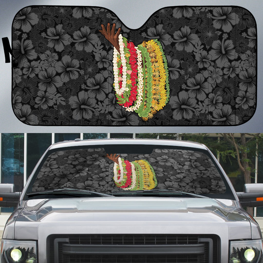 Hawaii Lei Kamehameha Auto Sun Shade Ele'ele Seamless Pattern Hibiscus Flower LT9 Black - Polynesian Pride