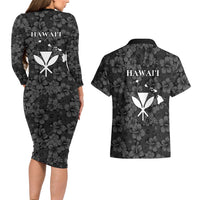 Hawaii Lei Kamehameha Couples Matching Long Sleeve Bodycon Dress and Hawaiian Shirt Ele'ele Seamless Pattern Hibiscus Flower