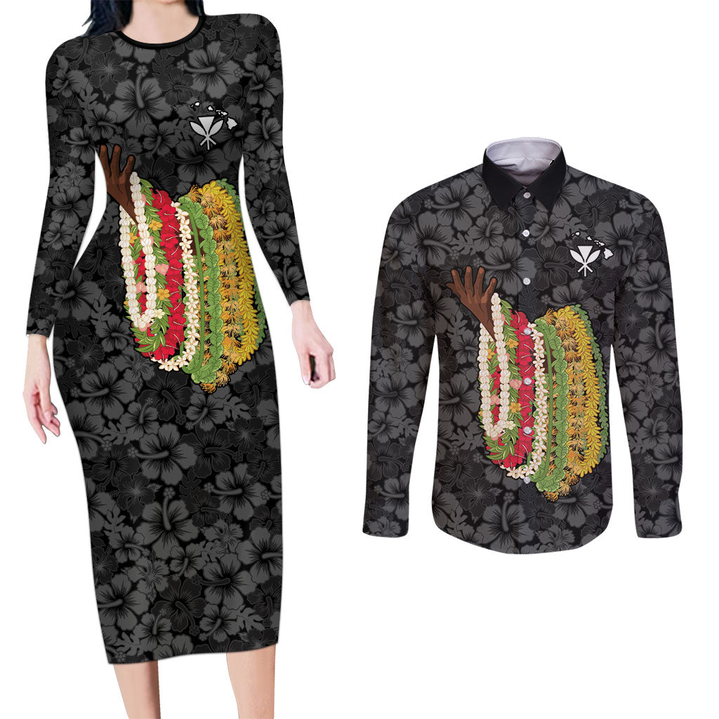 Hawaii Lei Kamehameha Couples Matching Long Sleeve Bodycon Dress and Long Sleeve Button Shirt Ele'ele Seamless Pattern Hibiscus Flower LT9 Black - Polynesian Pride